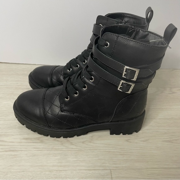 Xoxo Women’s Black Combat Boots Size 5 Faux Leather Side Zip Lace Up Buckle EUC - Picture 3 of 8